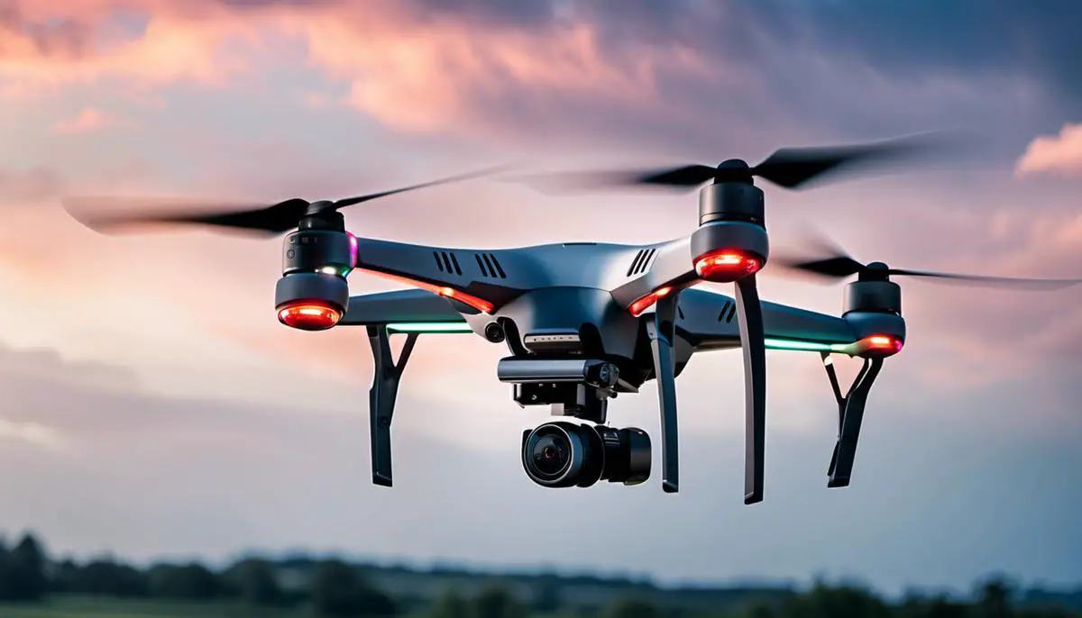 An image of a drone hovering in the sky, showcasing its technology and capabilities.