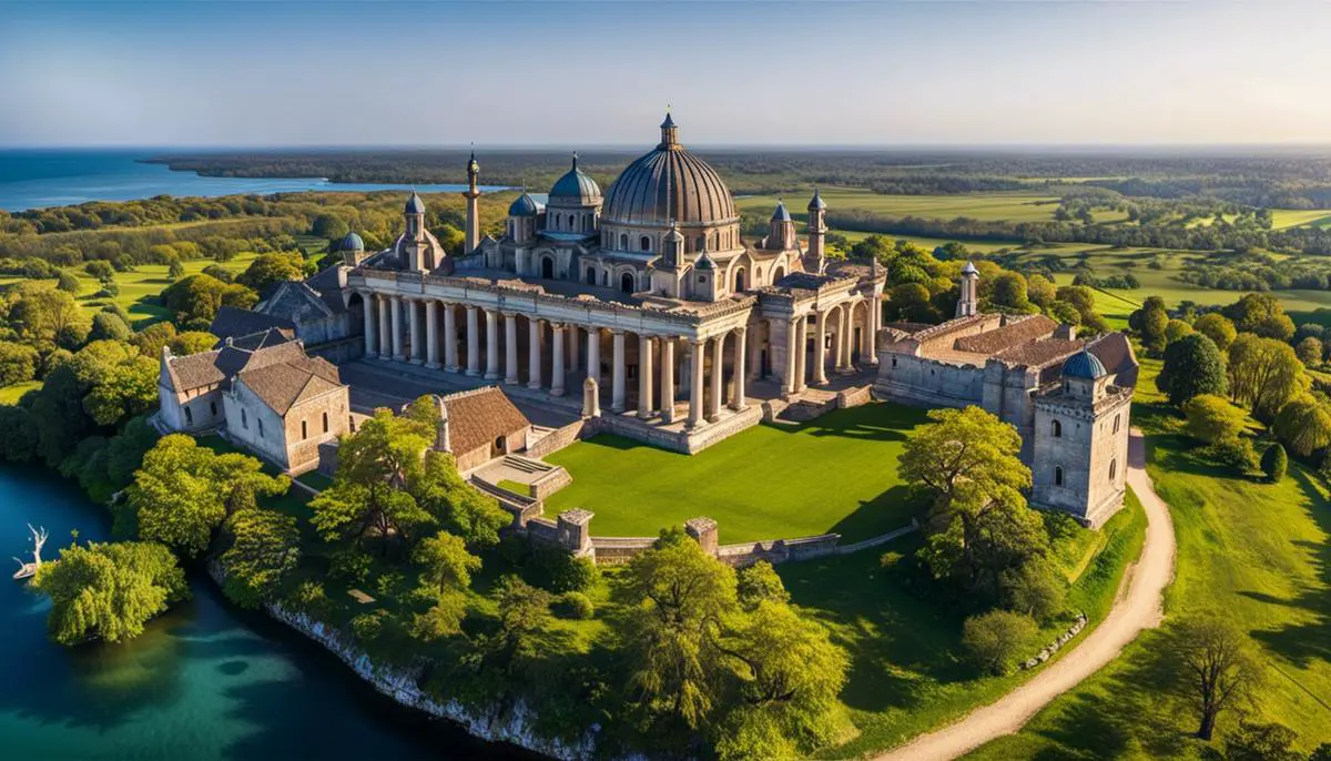 Image of drones in flight, capturing detailed images of historical sites and structures