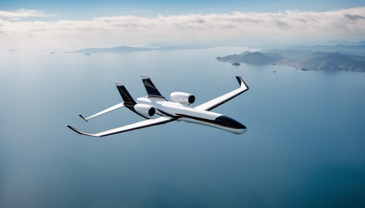 Aerial view of a fixed-wing drone flying in the sky.