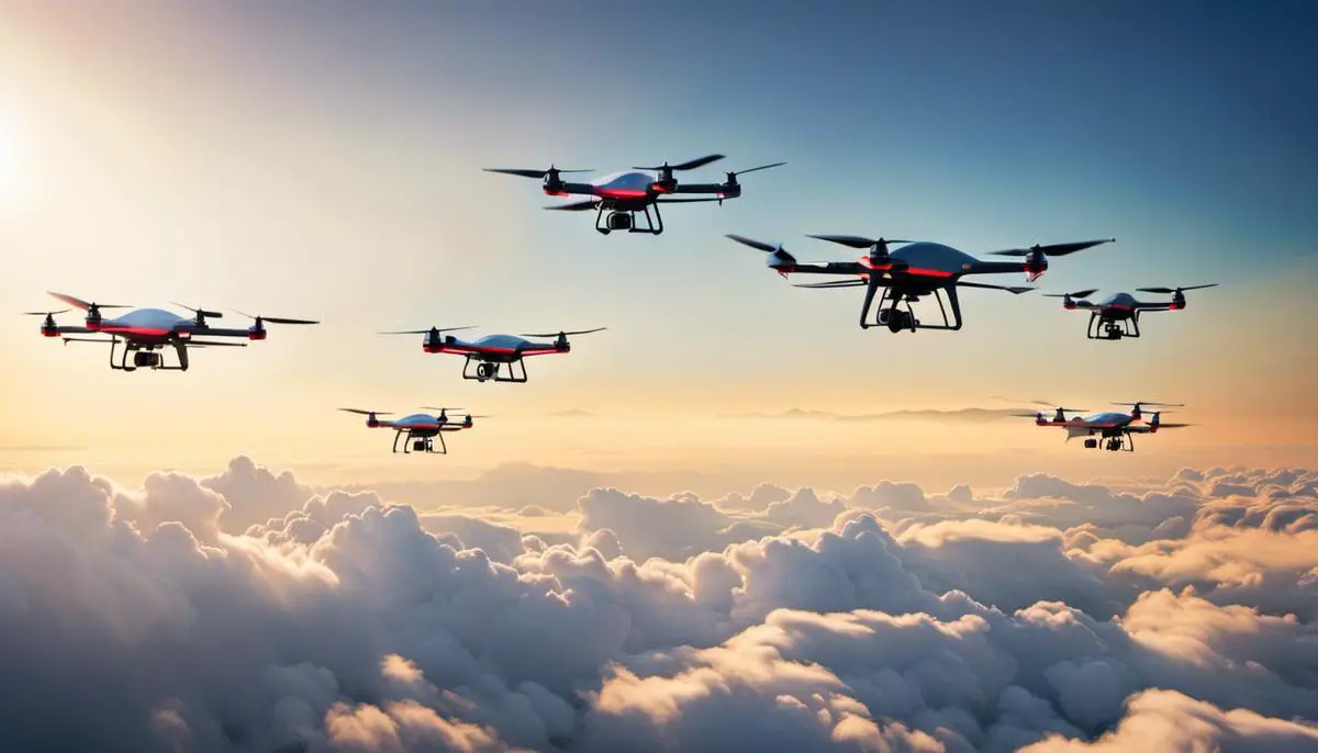 Image depicting various fixed-wing drones flying in the sky.