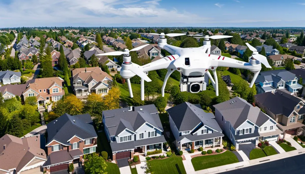 An image depicting a drone flying above a residential neighborhood, symbolizing the topic of legal implications of drone surveillance.