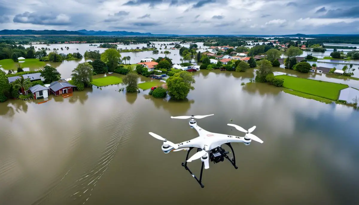 A drone hovering over a flooded area, providing aerial view and assistance during a rescue operation.